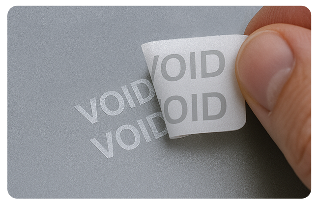 Example of label adhesives that leaves the word void behind when removed