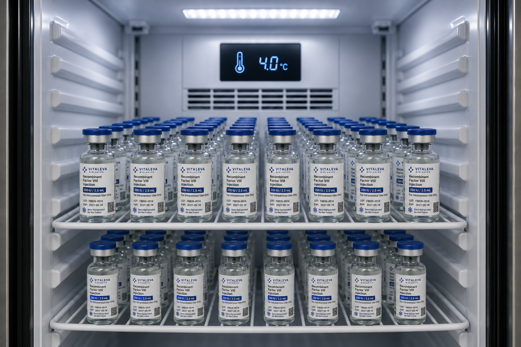 Refrigerated pharmaceutical injectable vials with cold chain identification labels stored in a medical refrigerator at 2°C to 8°C.