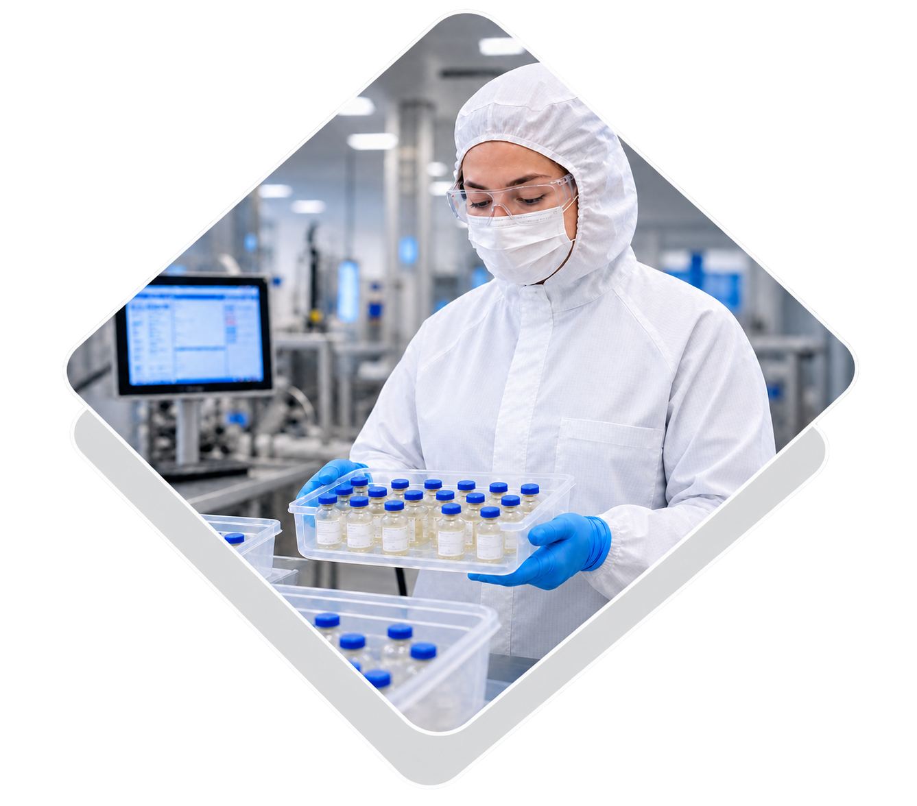 Cleanroom technician handling trays of labeled vials in a controlled manufacturing environment