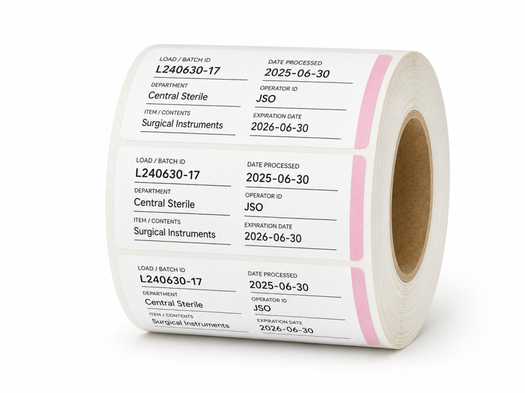 Roll of autoclave sterilization indicator labels with batch, processing, operator, contents, expiration fields, and a pink indicator strip.