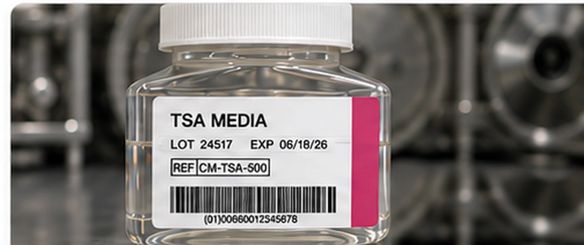 TSA media bottle with an integrated autoclave indicator label and barcode