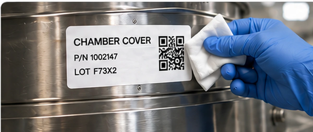 Blue-gloved technician wiping a labeled stainless-steel chamber cover during IPA cleaning