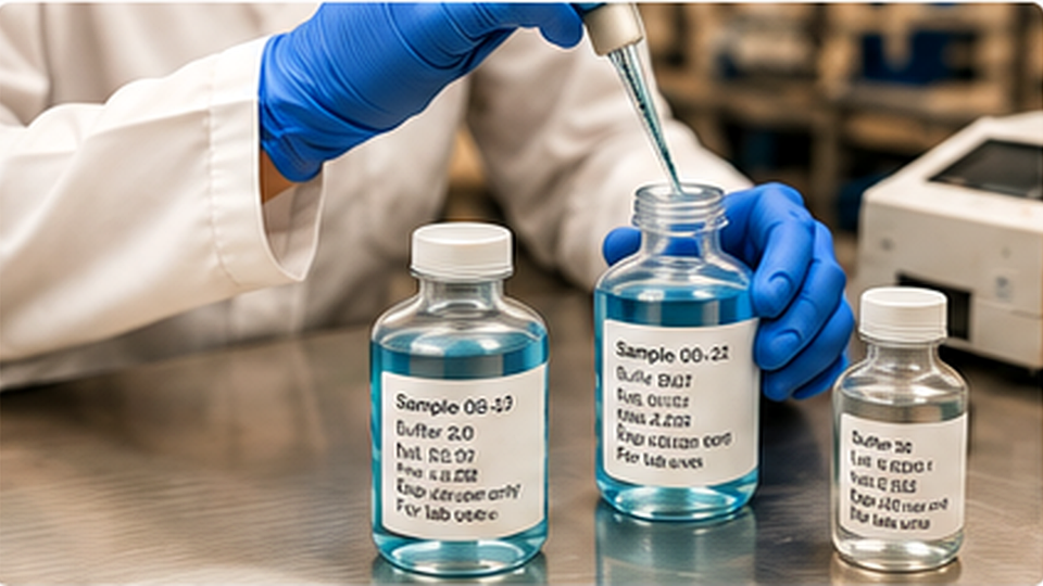 Gloved technician pipetting blue liquid into labeled pharmaceutical research bottles in a cleanroom laboratory