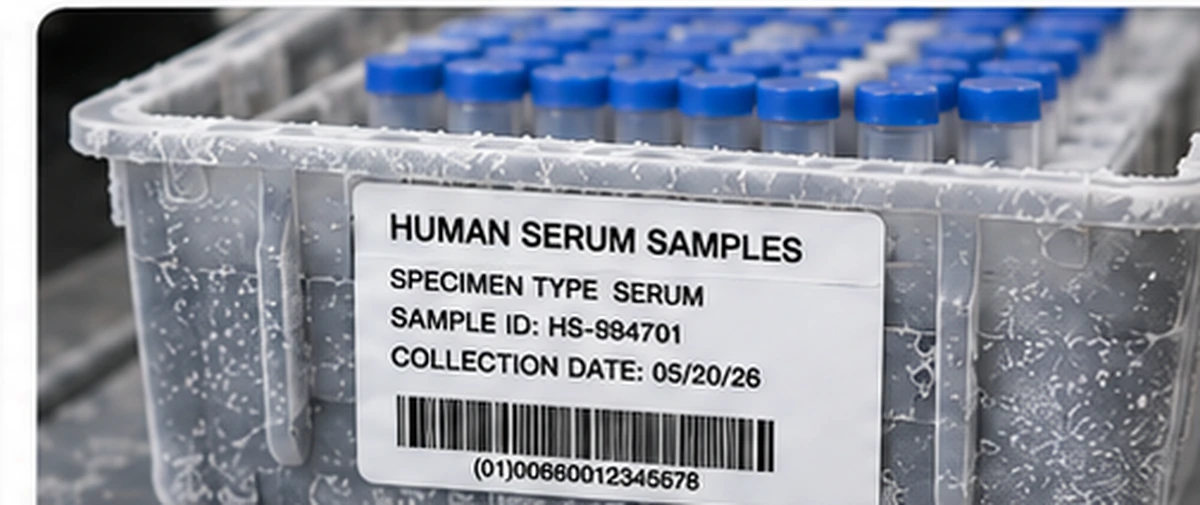 Frost-covered shipment container holding human serum sample tubes with a barcode label