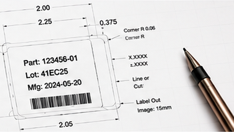 Technical label blueprint showing dimensions, barcode placement, material notes, and a label dieline