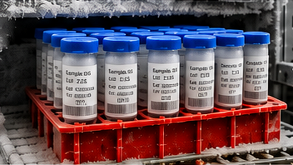 Frost-covered labeled sample tubes in a red rack inside a low-temperature freezer