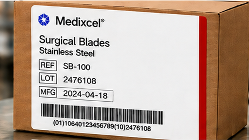 Medical device product box with a gamma process indicator label, lot number, manufacturing date, barcode, and red indicator strip