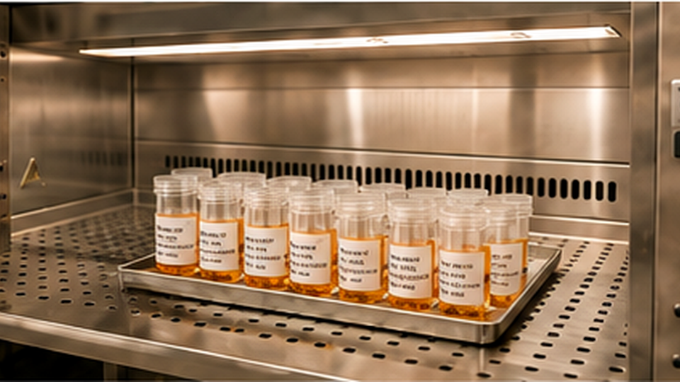 Tray of labeled amber pharmaceutical research tubes inside a stainless-steel sterile hood