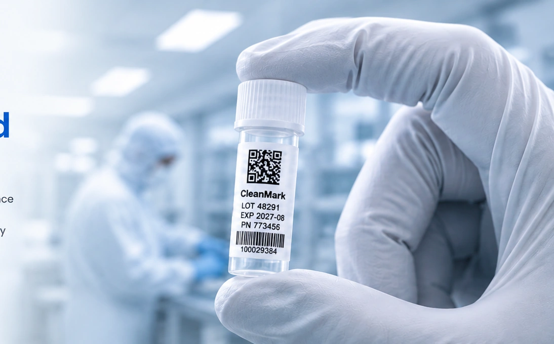 Gloved hand holding a labeled vial in a cleanroom environment