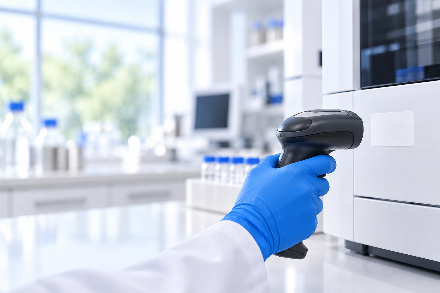Barcode scanner aimed at a blank label on laboratory equipment