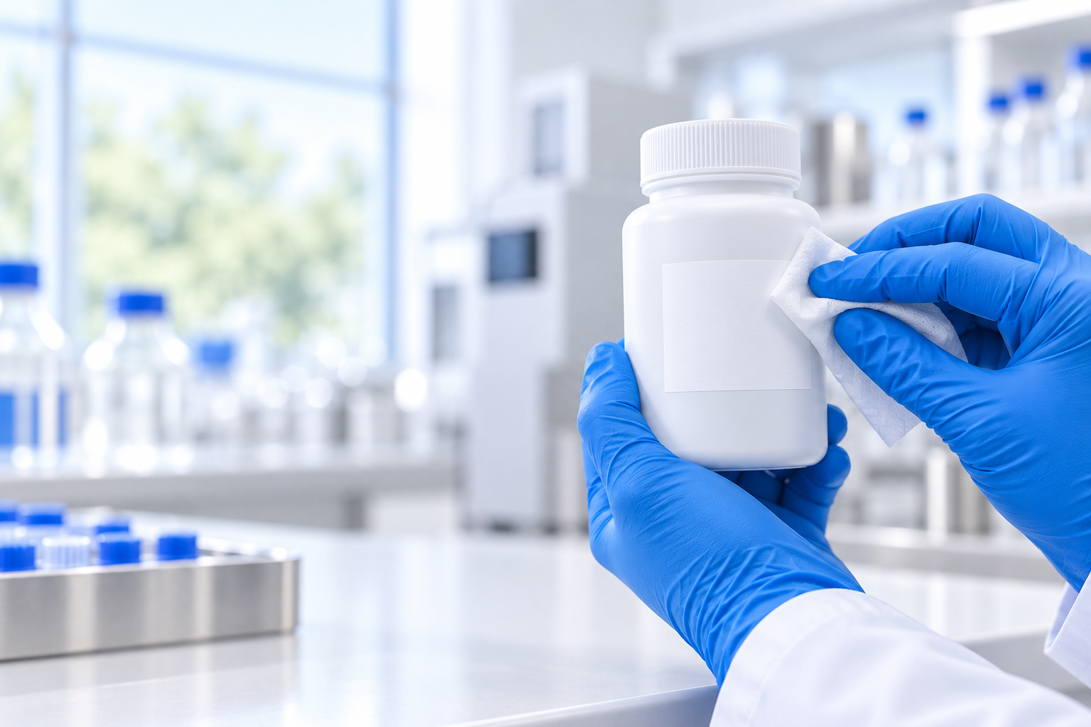 Gloved hands wiping a blank label on a laboratory container
