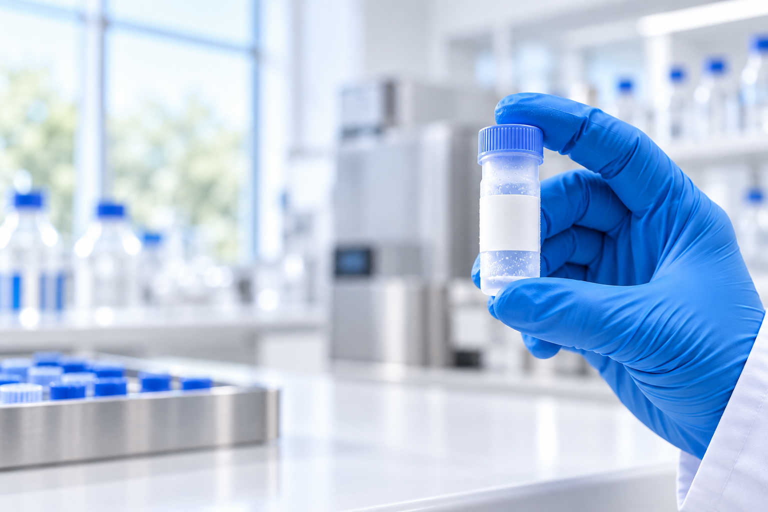 Gloved hands holding a blank-labeled vial in a bright laboratory