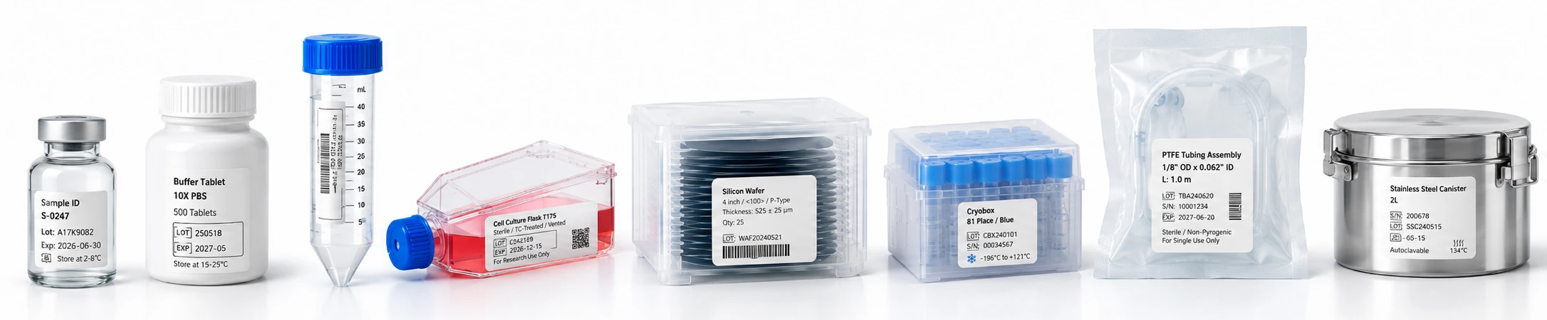 Examples of labeled containers, vessels and components used in contamination-sensitive manufacturing and laboratory workflows