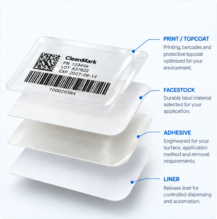 Exploded label construction showing a clear printed topcoat, facestock, adhesive and release liner