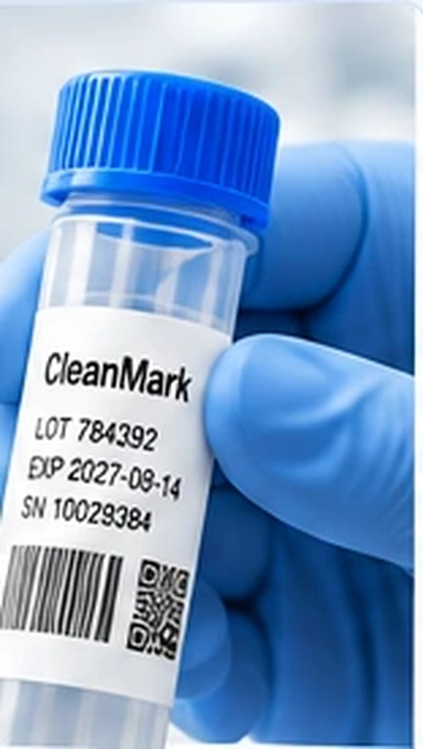 Blue-gloved hand manually applying a clearly printed label to a laboratory vial