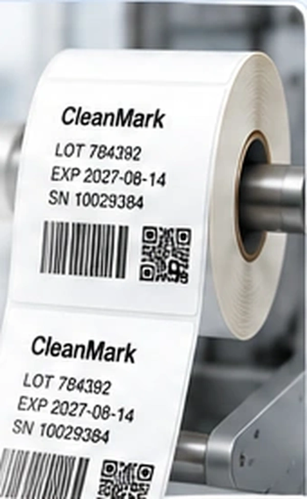 Roll of clearly printed labels feeding through a dispensing mechanism