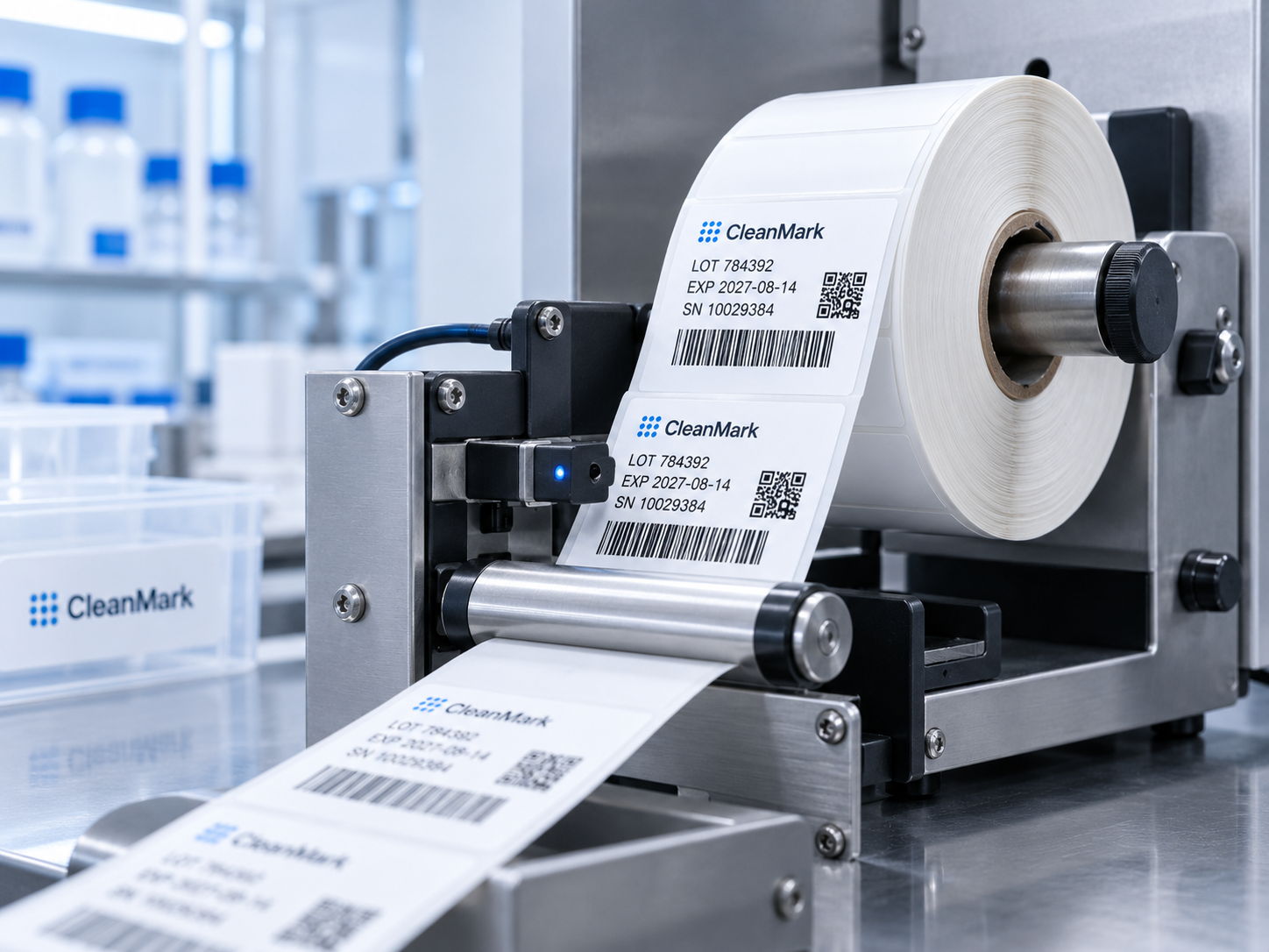 Cleanroom label roll feeding through an industrial dispensing system