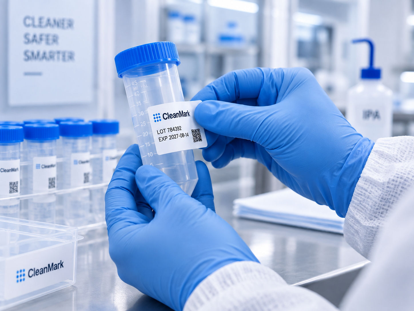 Blue-gloved technician applying a cleanroom identification label to a laboratory tube