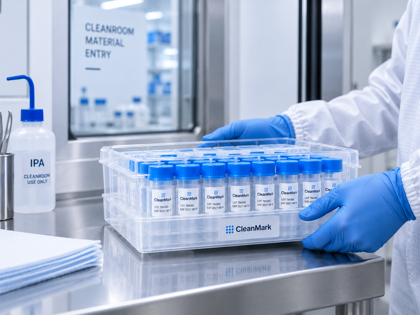 Labeled laboratory tubes staged in a cleanroom-compatible container for controlled use