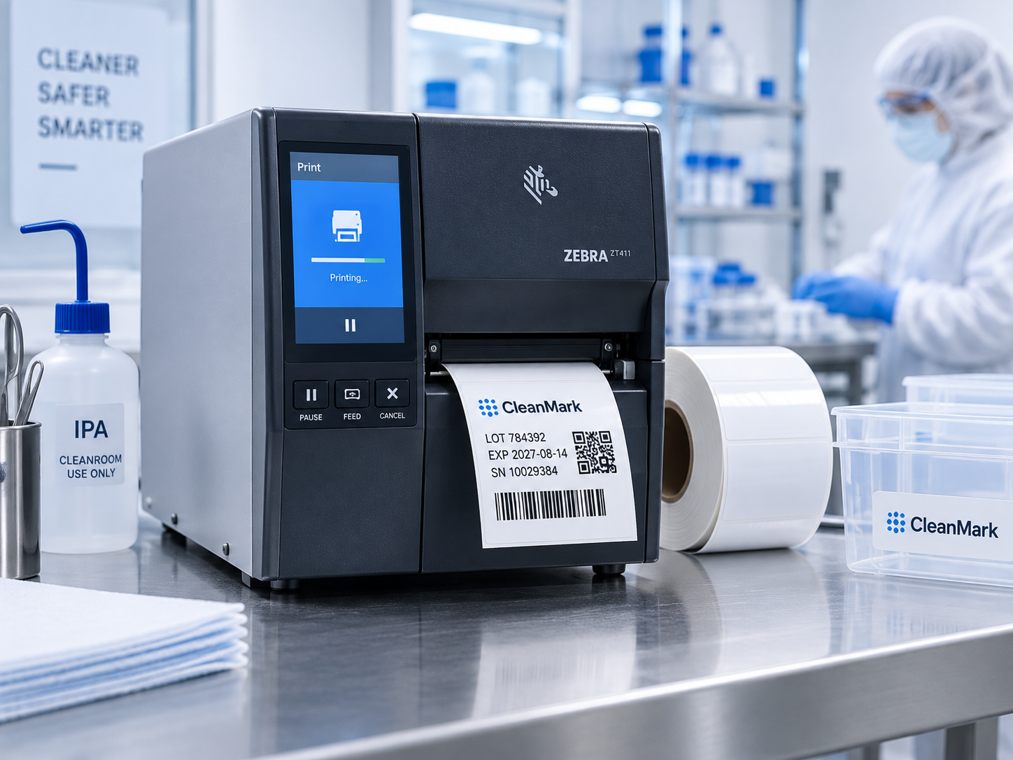 Thermal transfer printer producing a cleanroom identification label