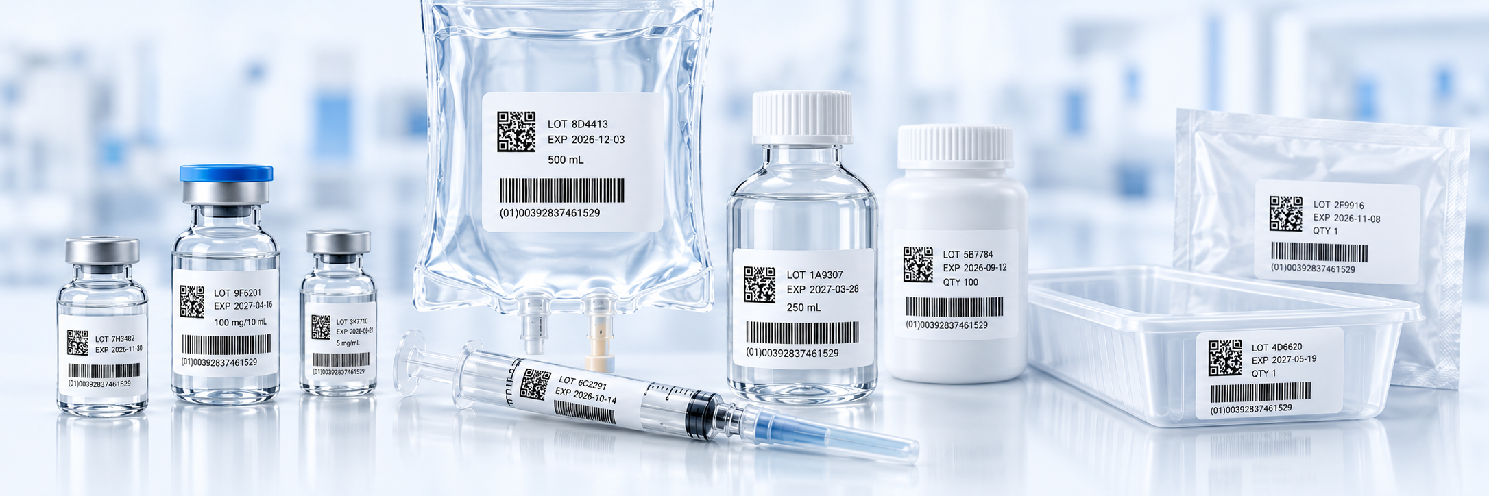 Sterile labels applied to pharmaceutical vials, a syringe, an IV bag, bottles, a tray and a sterile pouch