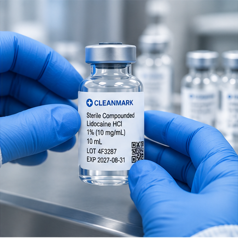 Gloved operator applying a sterile label to a vial