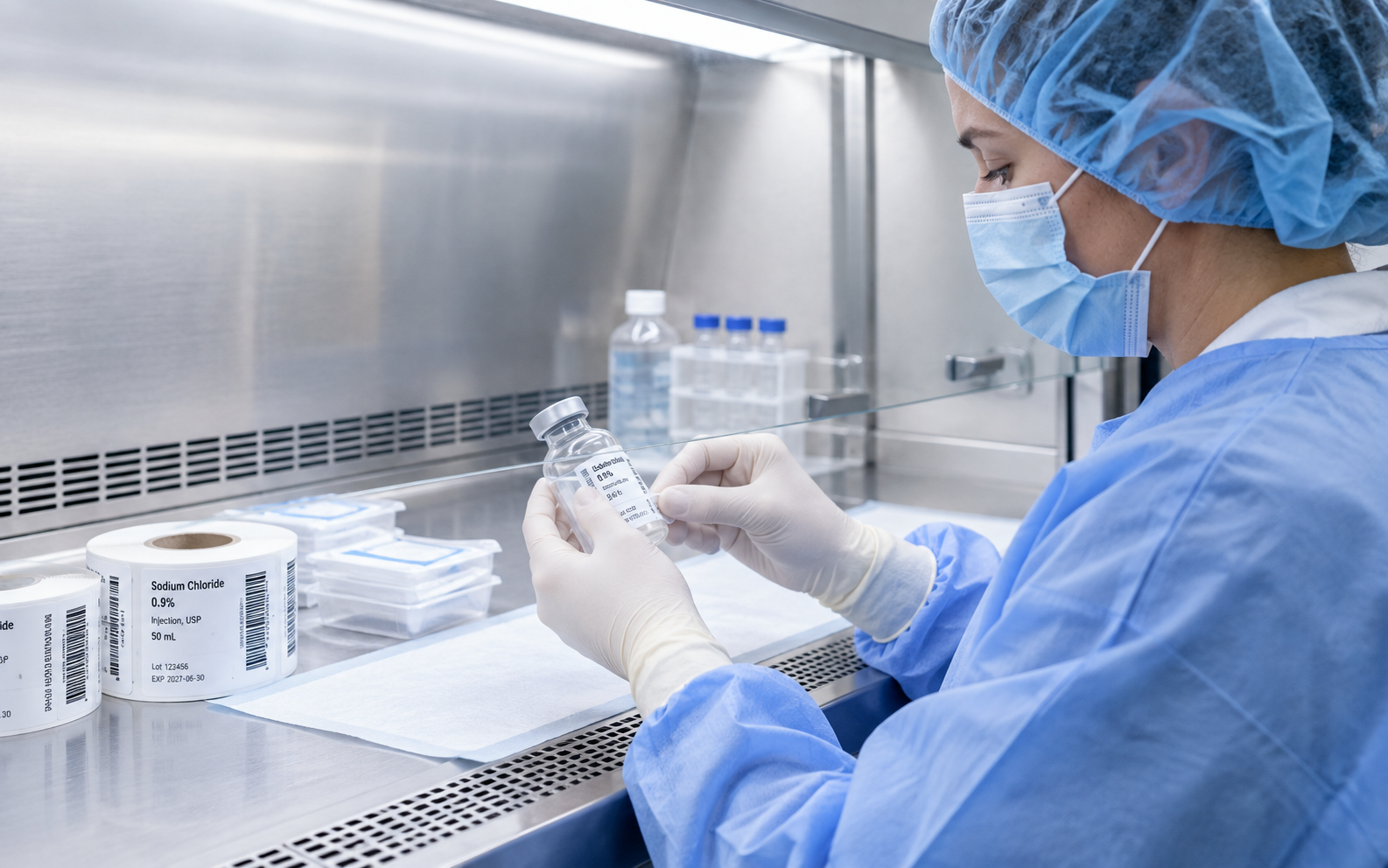 Sterile compounding professional working with labeled vials inside a laminar flow hood