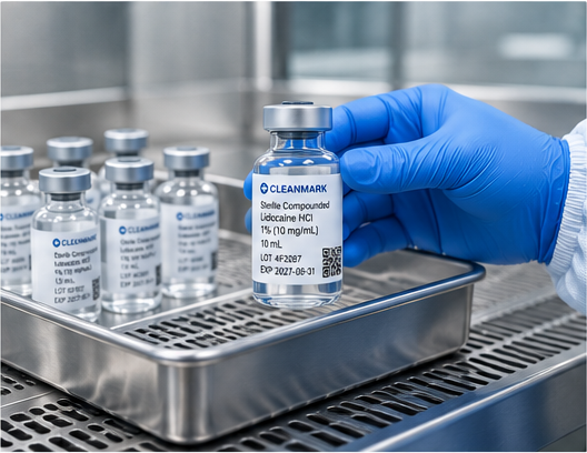 Gloved operator handling a labeled vial in a controlled sterile-use environment