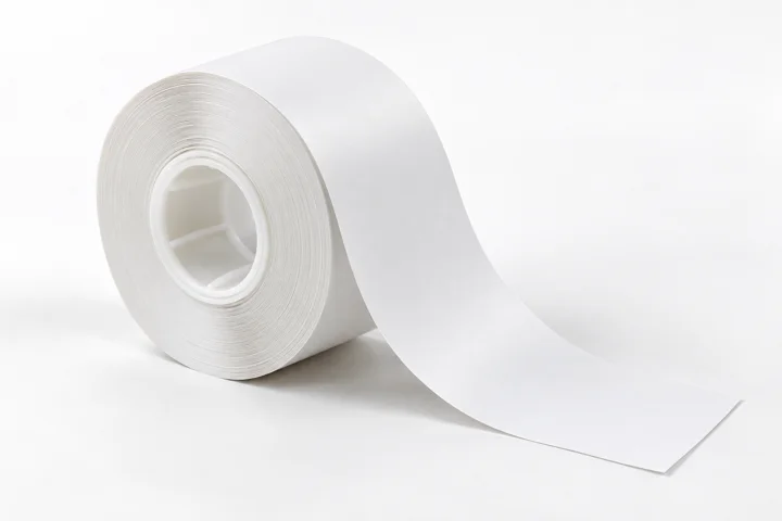 Continuous label material on a white plastic core