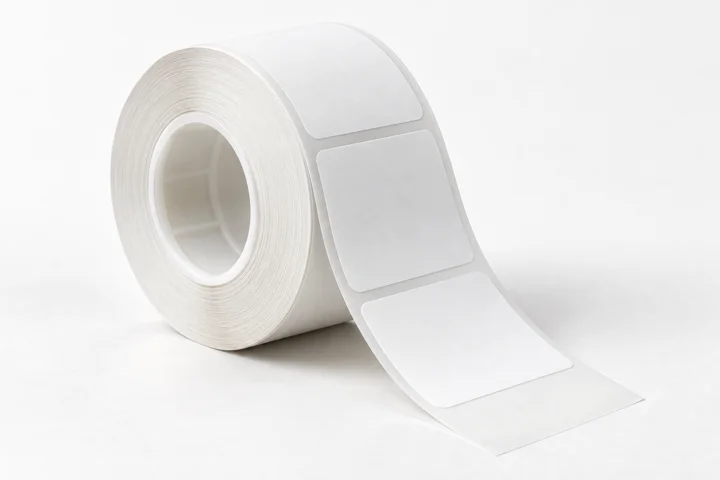 Die-cut labels on a white plastic core