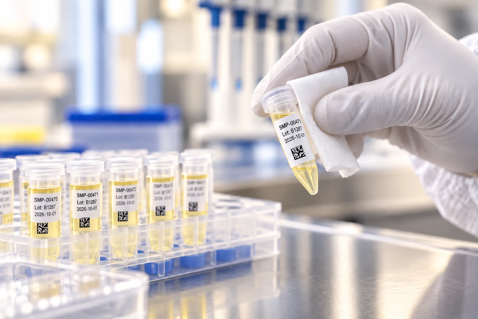 Gloved hand holding a labeled laboratory sample tube beside a rack of labeled tubes