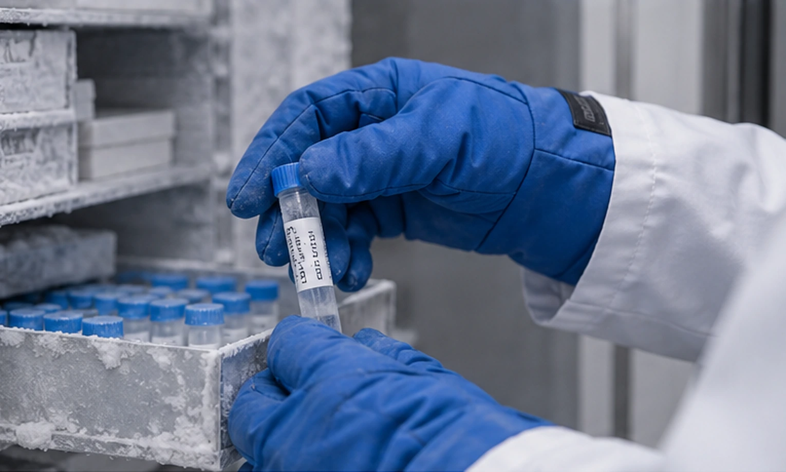 Gloved technician examining a labeled vial in frozen storage