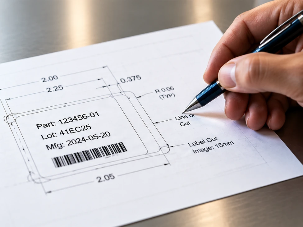 Engineer reviewing a printed label construction drawing with a pen
