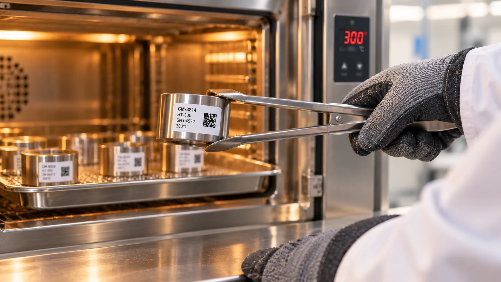 Technician using tongs to hold a labeled metal component beside an industrial oven
