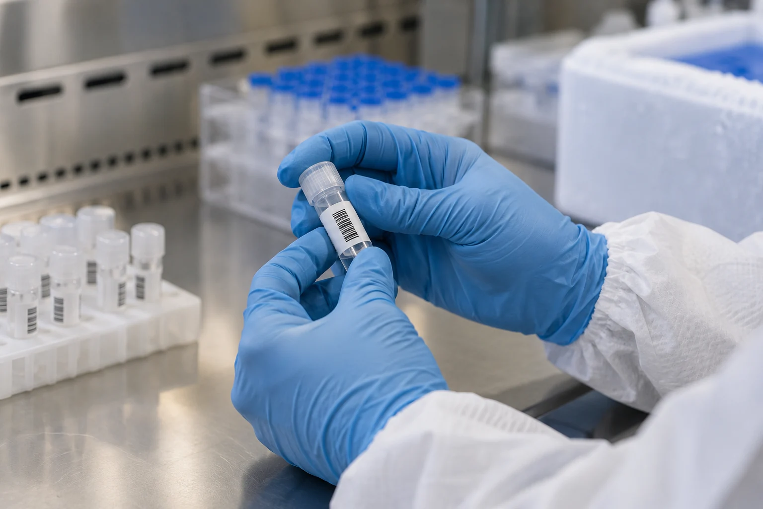 Illustrative technician handling a labeled cryovial