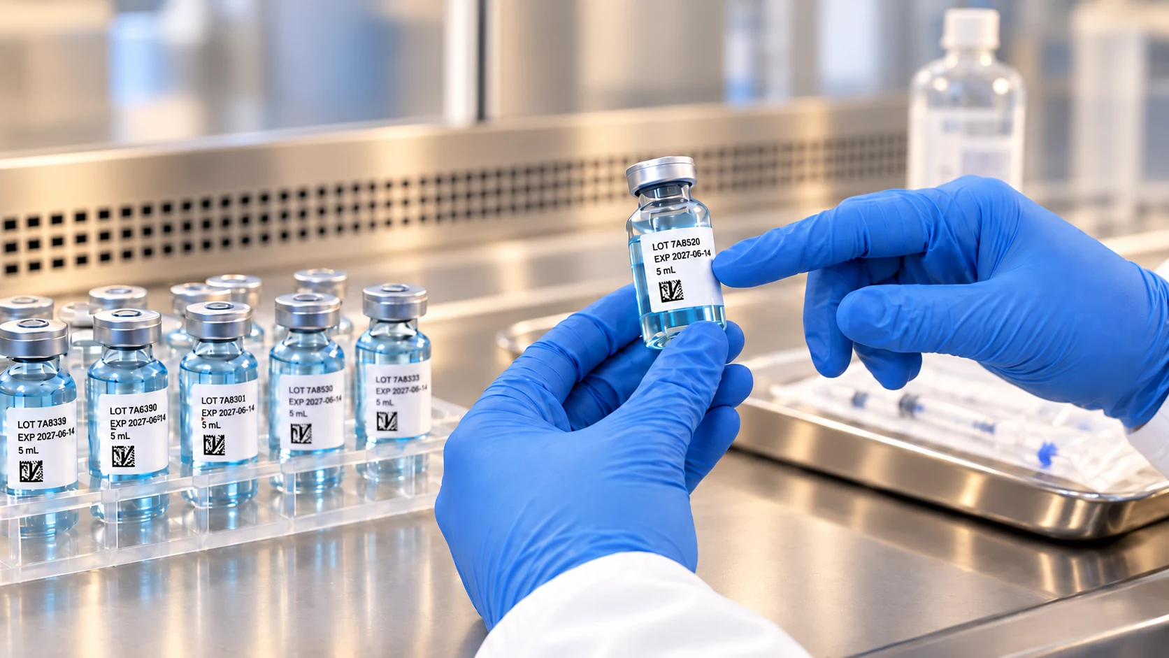 Blue-gloved hands inspecting a labeled vial beside a rack of vials in a laboratory hood