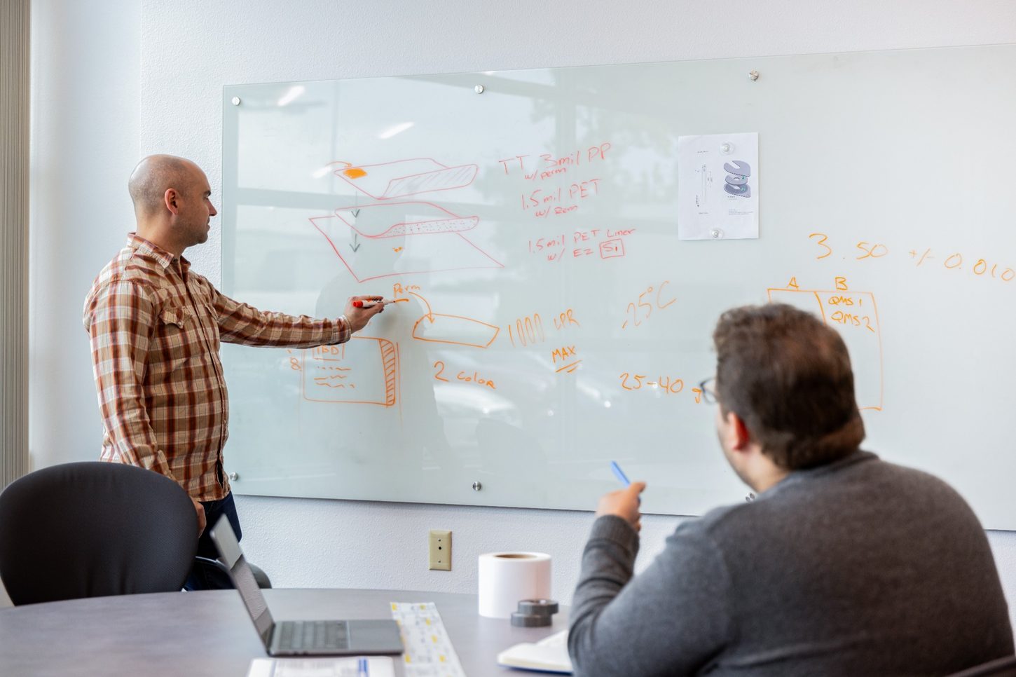CleanMark technical team reviewing a label construction and application requirements at a whiteboard